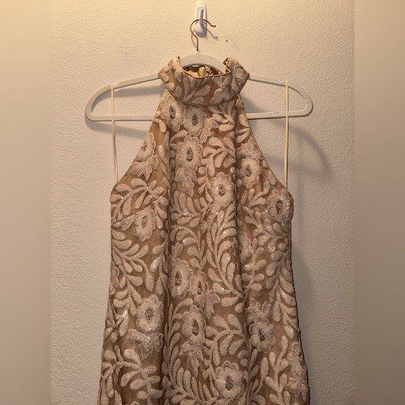 NWT Belle Badgley Mischka cream floral sequin halter mini dress formal party 8 - Picture 4 of 13